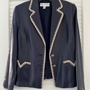 Vintage St John Blazer Jacket Navy Crochet Trim Womens Small Lamb Leather GUC